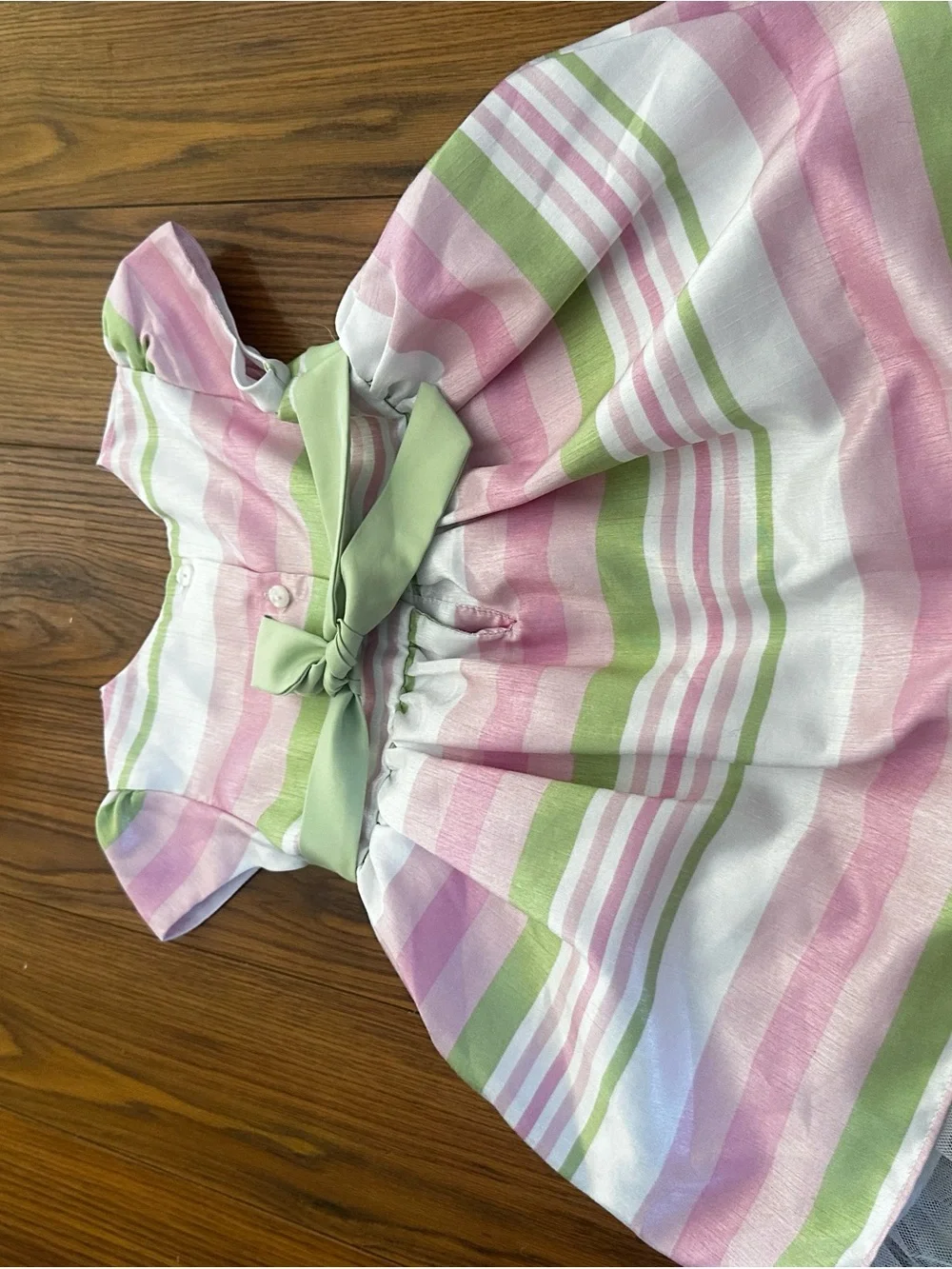 Youngland Pink, Green & White Striped Party Dress with Satin Waist Bow